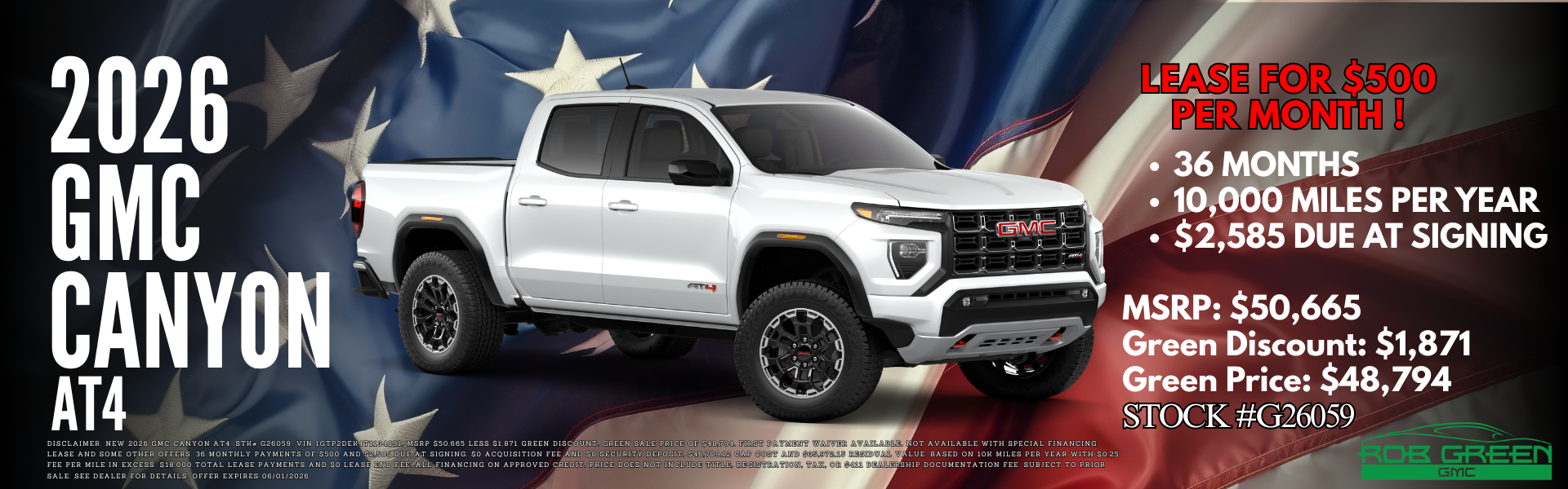 LEASE A 2026 GMC CANYON AT4 FOR $500 PER MONTH 